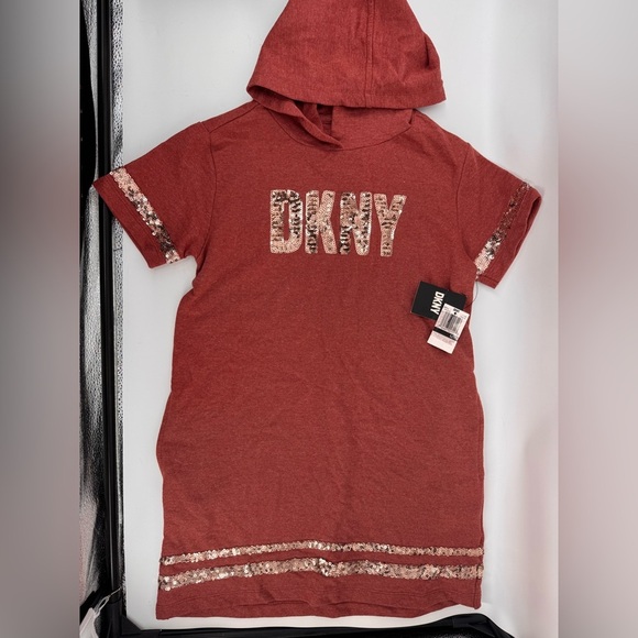 NWT DKNY Girls' Dress - Short Sleeve Oversize T-Shirt Dress with Hood L 12 - Picture 1 of 5